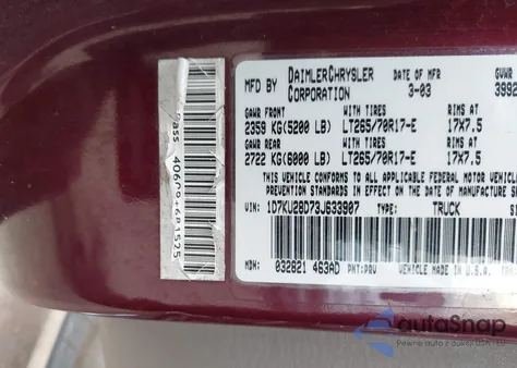 2003 Dodge Ram 2500 Slt/Laramie/St from USA, damaged, VIN 1D7KU28D73J633907